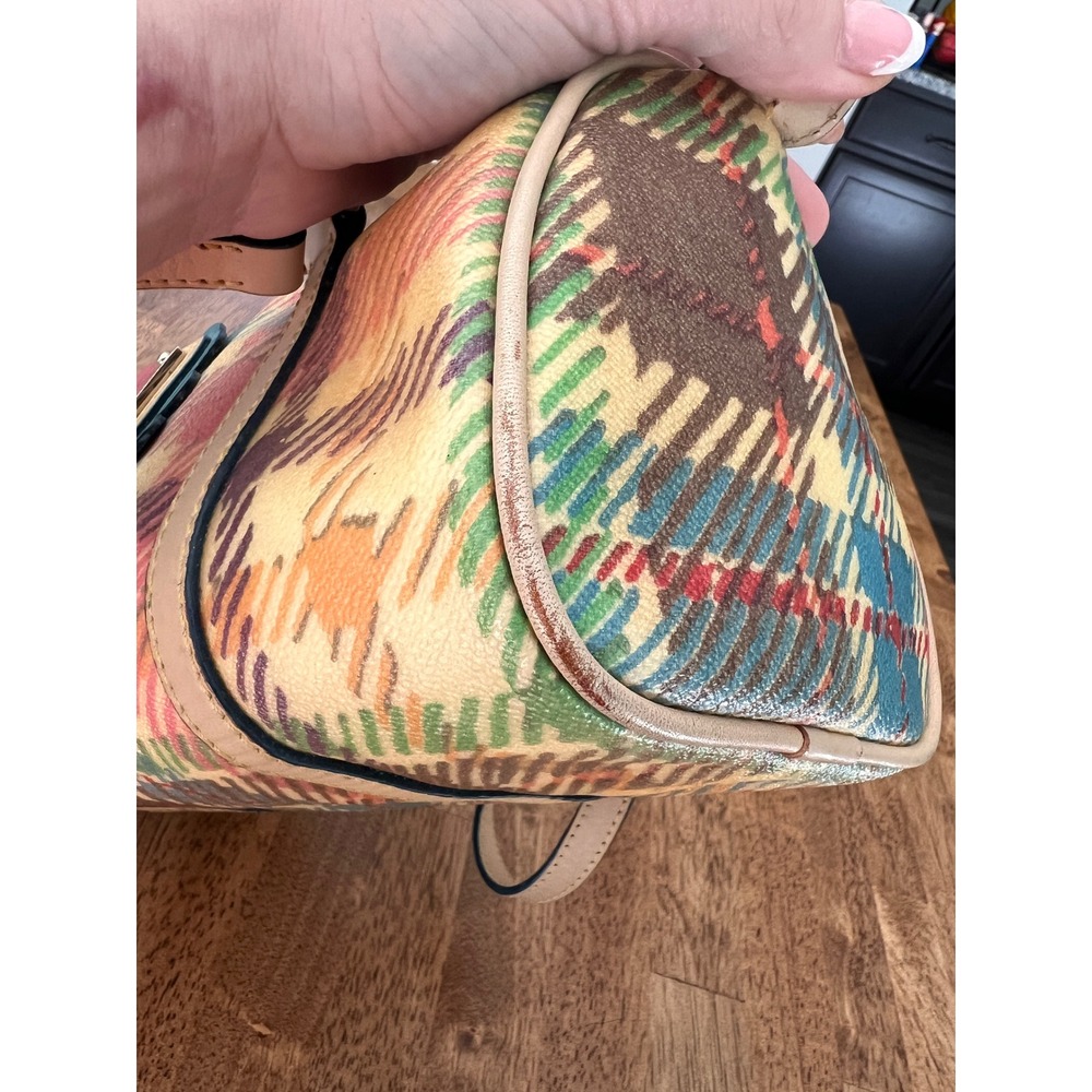 Dooney & Bourke Plaid Coated Canvas Barrel Bag Multicolor Scalloped Trim Satchel - Picture 12 of 16